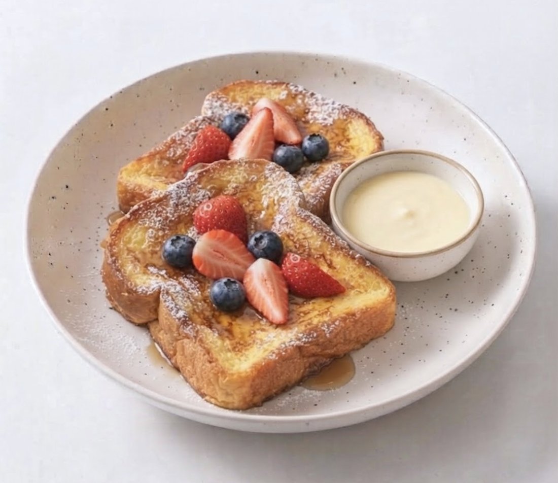 French Toast mit Beeren, Puderzucker und Vanillecreme