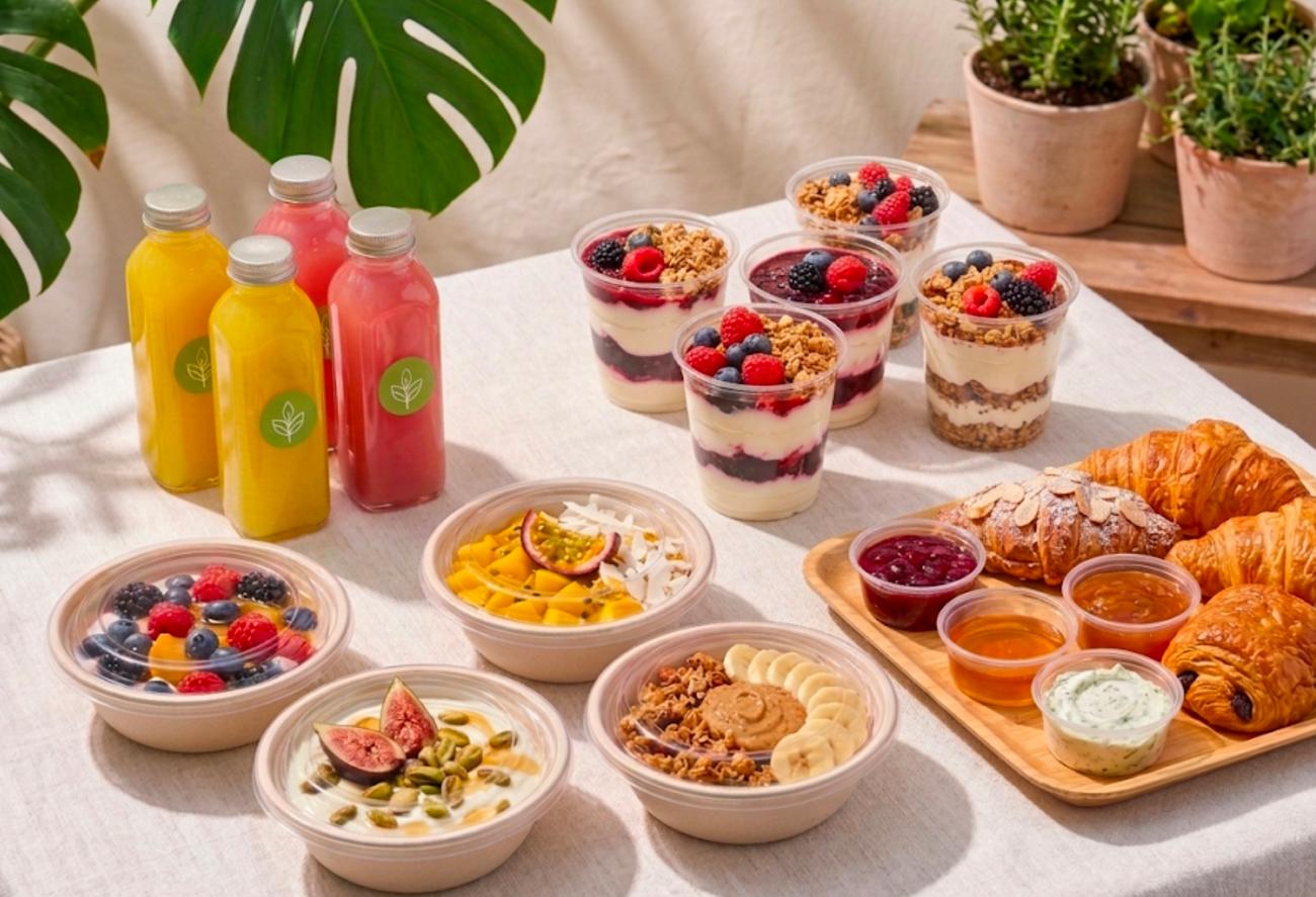 Frühstückstafel mit Säften, Joghurt, Granola und Croissants